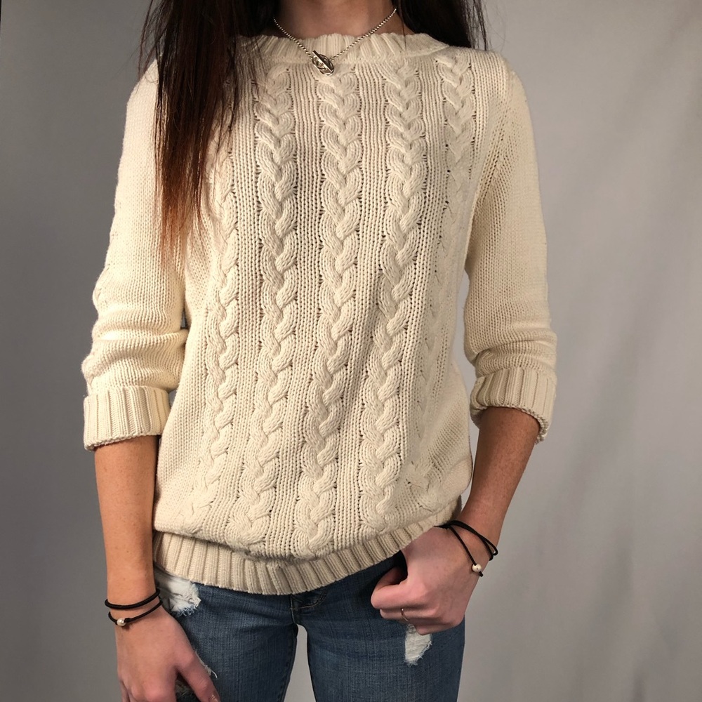 Talbots Cream Cable Knit Sweater 3/4 Sleeve